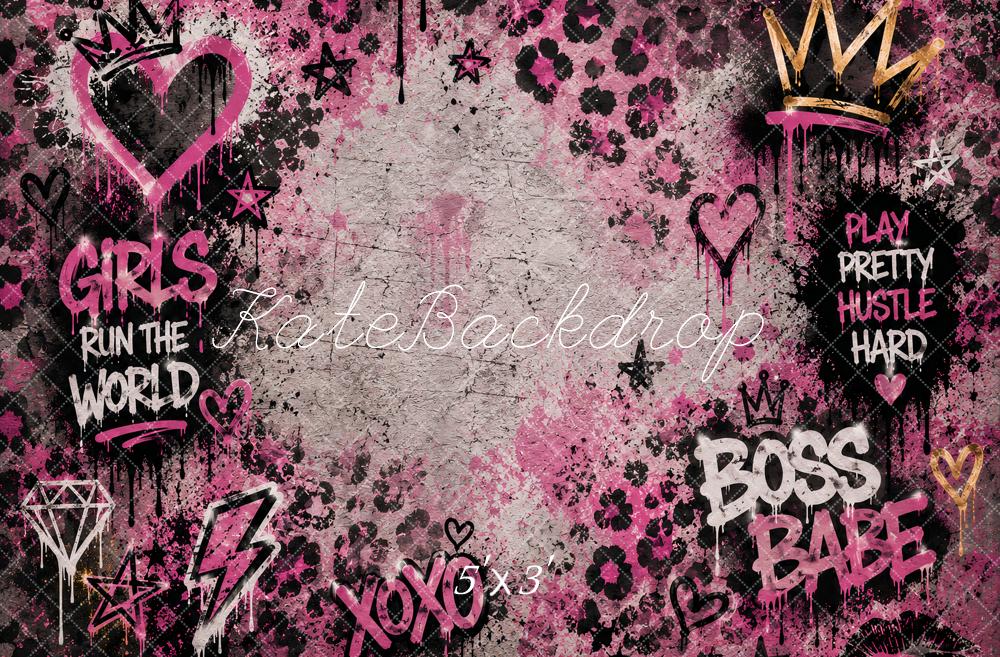 Kate Birthday Girls Pink Graffiti Crown Leopard Hearts Printed Backdrop Designed by Ashley Paul