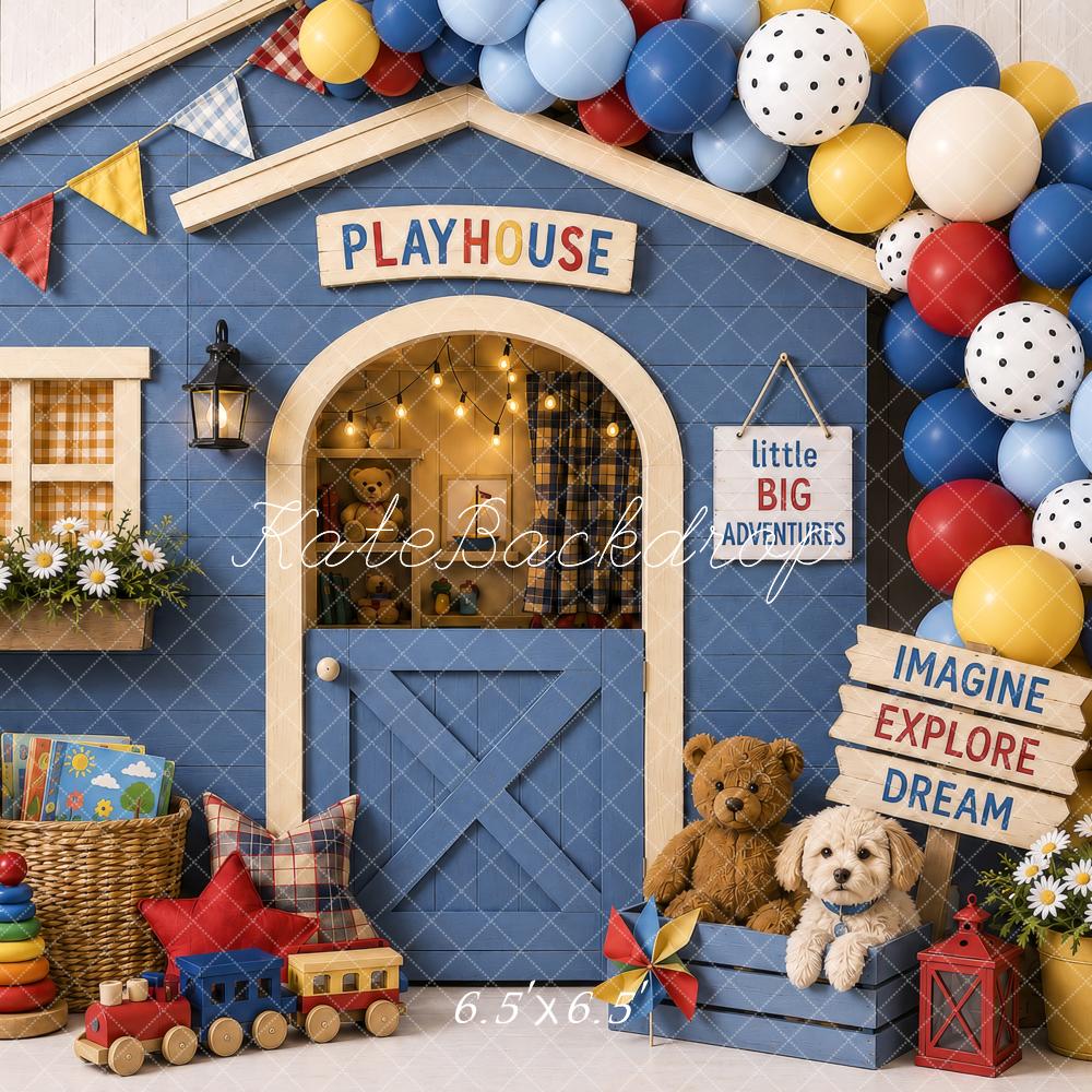 Kate Cake Smash Playhouse Blue Balloons Teddy Bears Toys Printed Backdrop Designed by Shutter Swan Studios