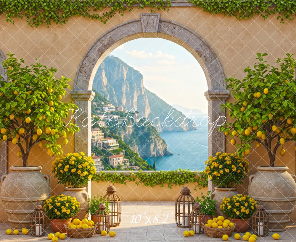 Kate Summer Mediterranean Terrace Lemons Arch Mountain Ocean View Printed Backdrop Designed by Patty Roberts