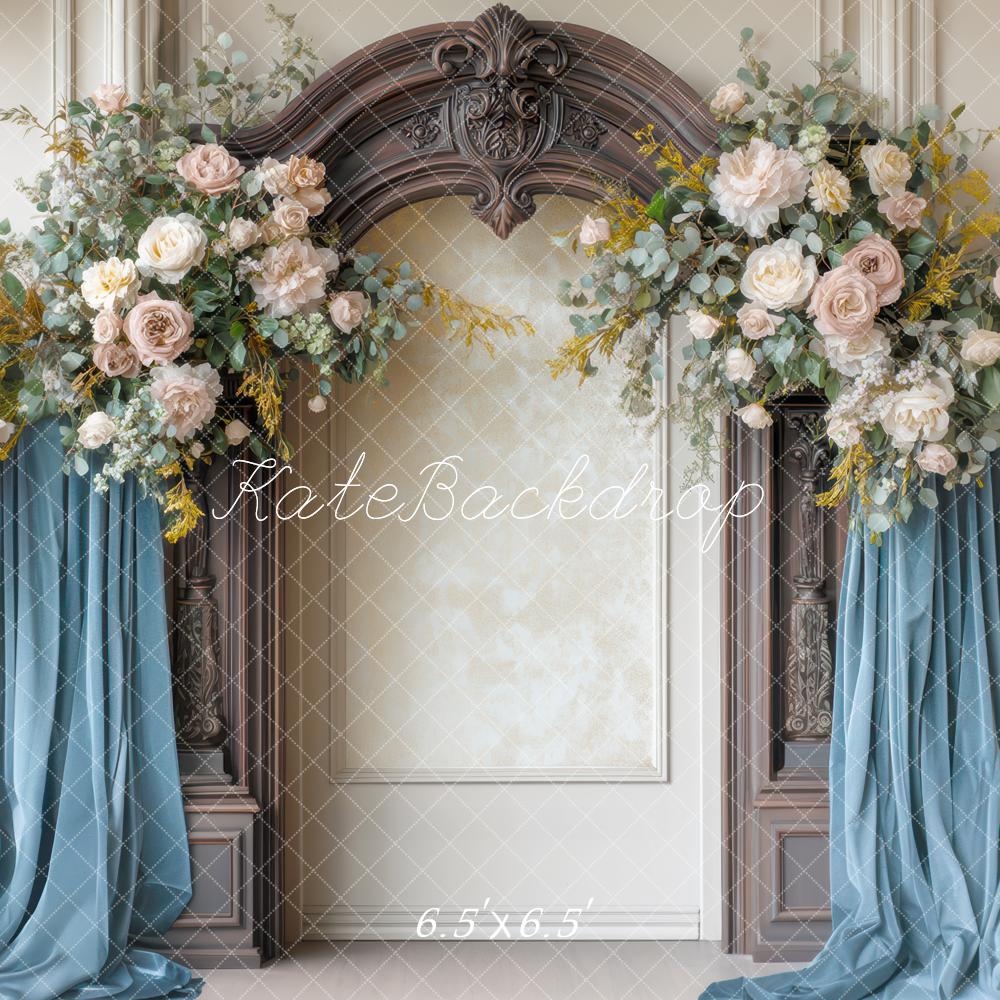 Kate Retro Floral Arch Blue Drapes Backdrop Designed by Mini MakeBelieve