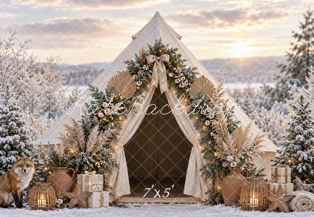 Kate Christmas Boho Tent Snowy Forest Fox Printed Backdrop Designed by Vertigo Productions