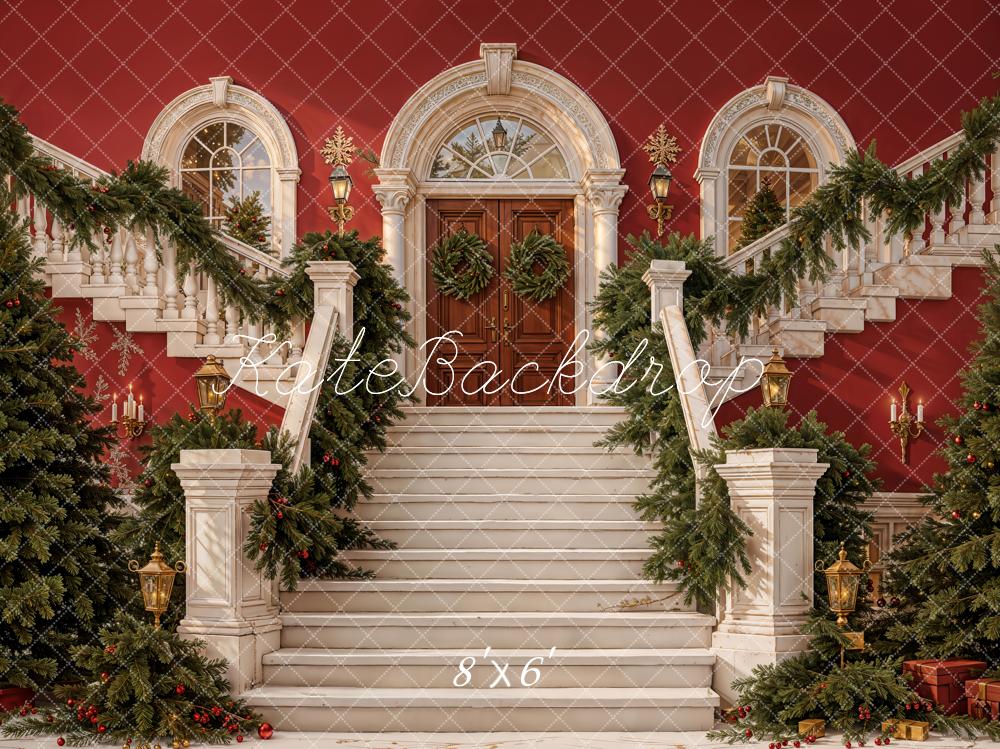 Fondo de Escaleras en Cascada de Navidad en Mansion Roja con Guirnaldas y Árboles Diseñado por Emetselch
