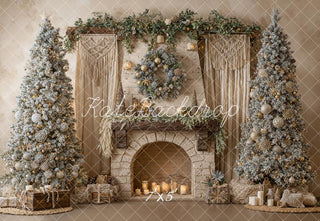 Kate Christmas Stone Fireplace Frosted Trees Boho Wreath Garland Printed Backdrop Designed by Emetselch
