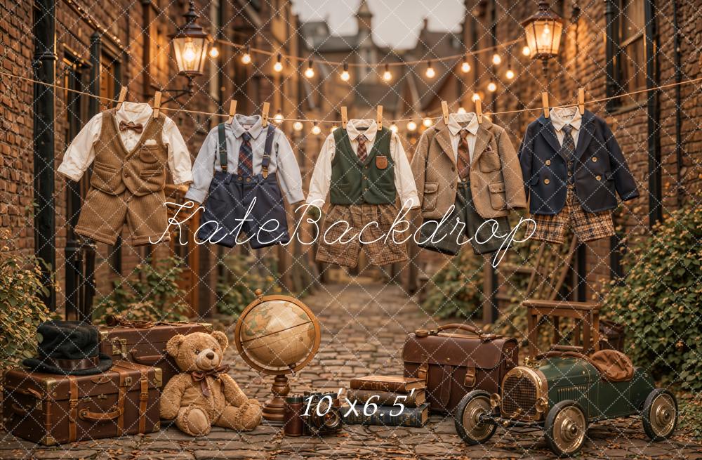 Kate Vintage Alleyway Boys Outfits Teddy Bear Suitcases Toy Car Printed Backdrop Designed by Emetselch