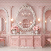 Kate Chic Mirror Pink Vanity Dressing Table Printed Backdrop Designed