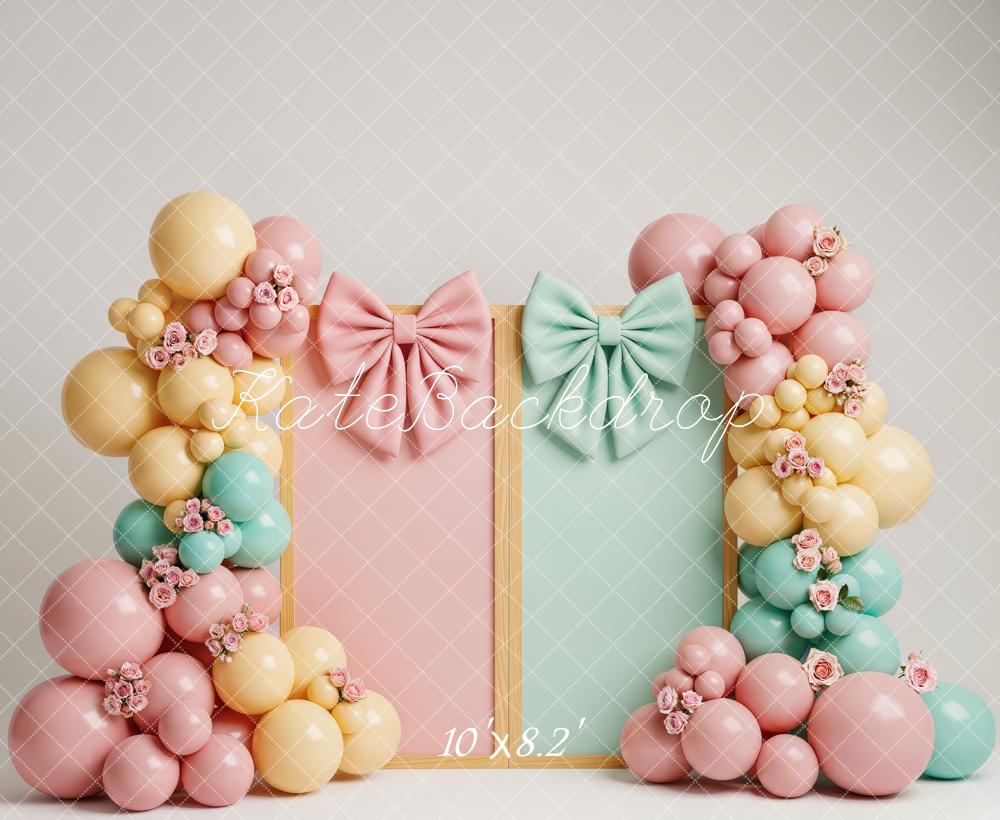 Kate Cake Smash Pastel Balloon Arch Flowers Bows Printed Backdrop Designed by Patty Roberts
