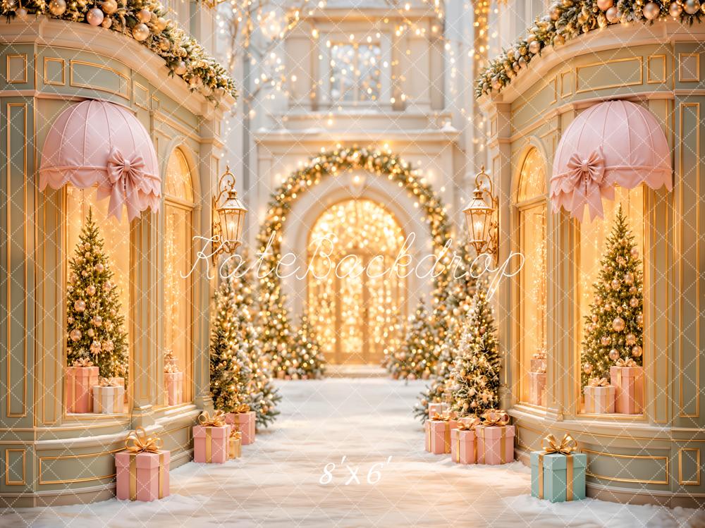 Kate Christmas Shop Windows Christmas Trees Pink Gold Gifts Snow Printed Backdrop Designed by Emetselch