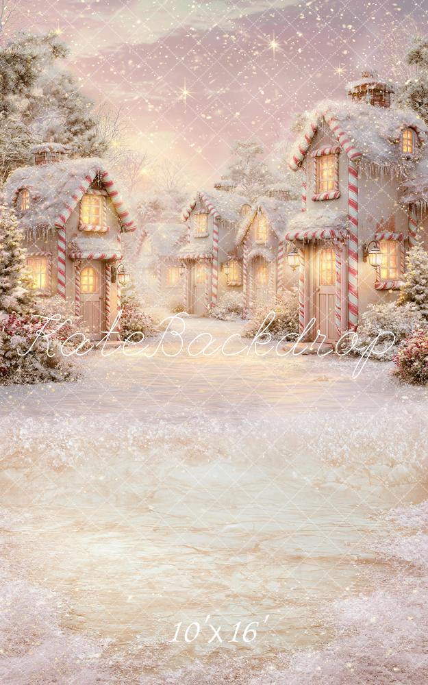 Kate Sweep Christmas Candy House Snowy Village Printed Backdrop Designed by Angela Miller