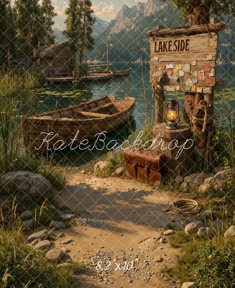 Kate Lakeside Wooden Boat Cabin Mountain Path Printed Backdrop Designed by Emetselch