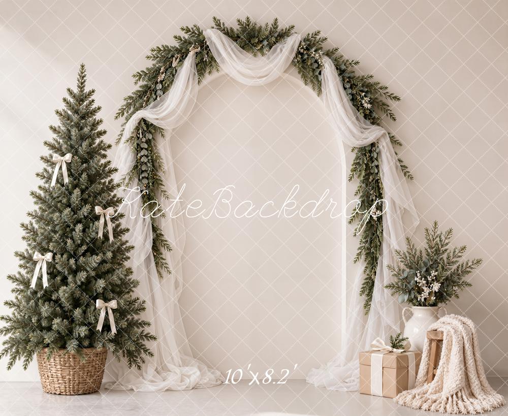Kate Christmas Tree Evergreen Arch White Drapes Bow Printed Backdrop Printed Backdrop Designed by Emetselch