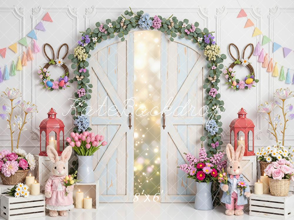 Kate Easter Bunny Flower Arch Pastel Barn Door Printed Backdrop Designed by Mini MakeBelieve