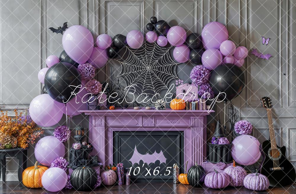 Kate Halloween Fireplace Purple Balloons Spider Web Pumpkins Backdrop Designed by Emetselch