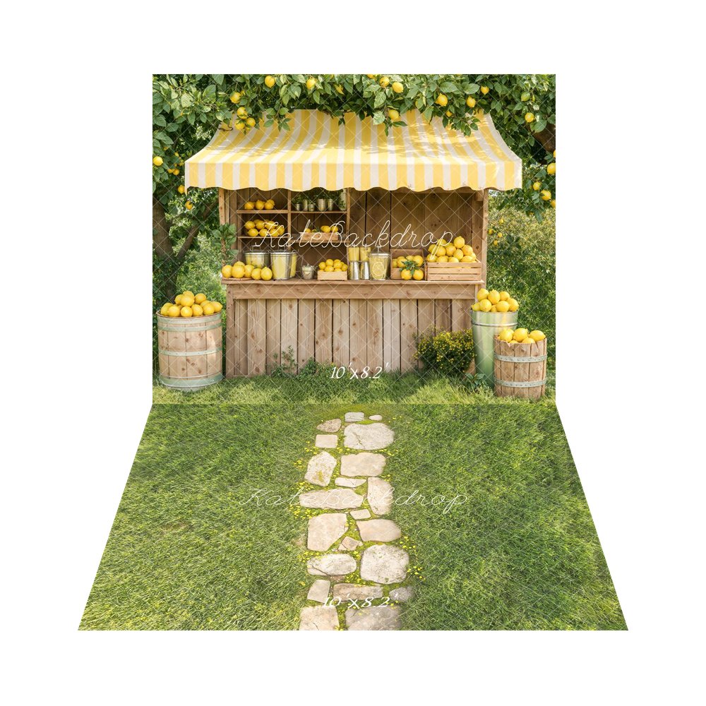 Kate Summer Lemonade Stand Yellow Lemons Wooden Market Printed Backdrop+Spring Stone Path In Green Grass Floor Printed Backdrop