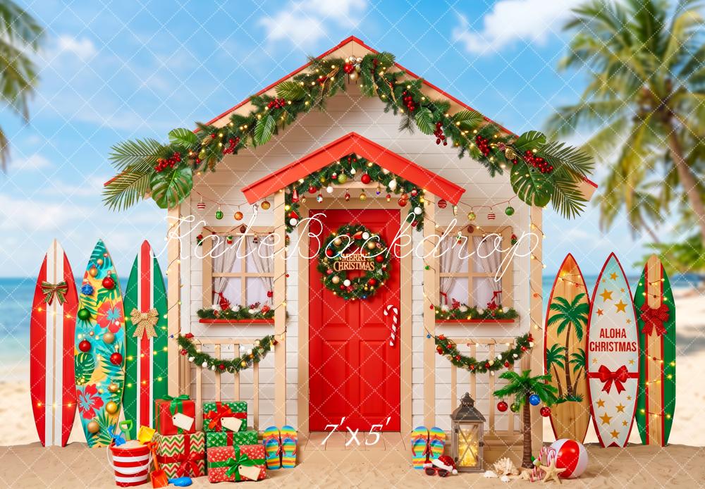 Kate Christmas Beach Surfboards Palm Hut Printed Backdrop Designed by Patty Roberts