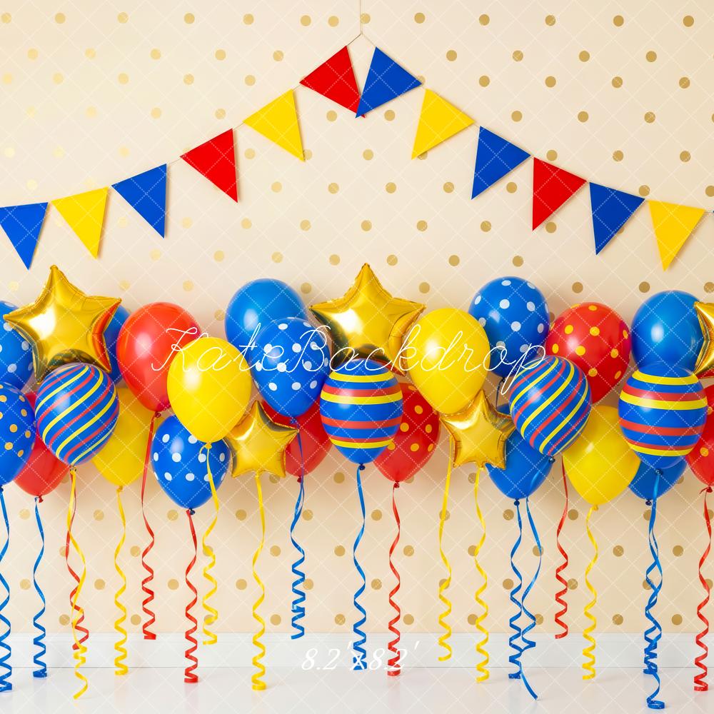 Kate Birthday Colorful Balloons Gold Stars Polka Dot Wall Pennant Garland Printed Backdrop Designed by Patty Roberts