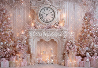 Kate Christmas Fireplace Clock Tree Candles Pink Printed Backdrop Designed by Ashley Paul