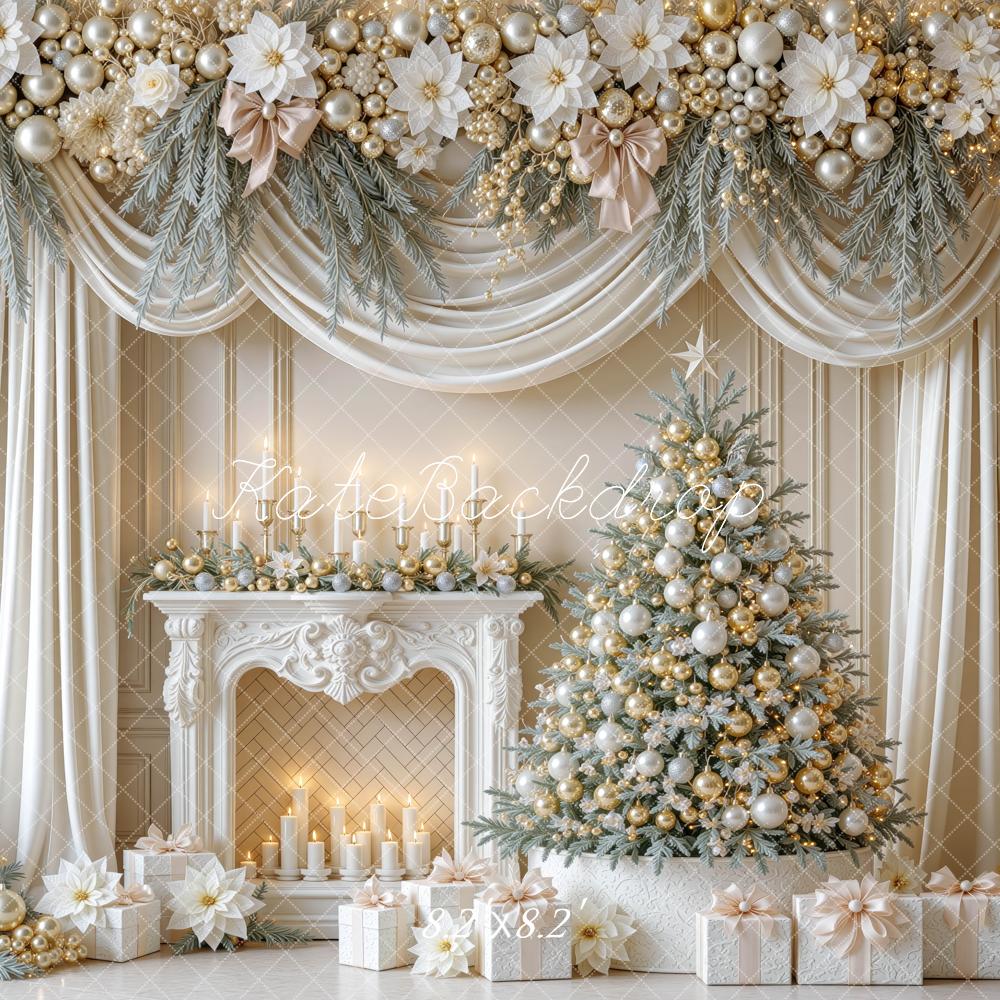 Kate Christmas Fireplace Ivory Gold Garland Tree Drapes Printed Backdrop Designed by Mini MakeBelieve