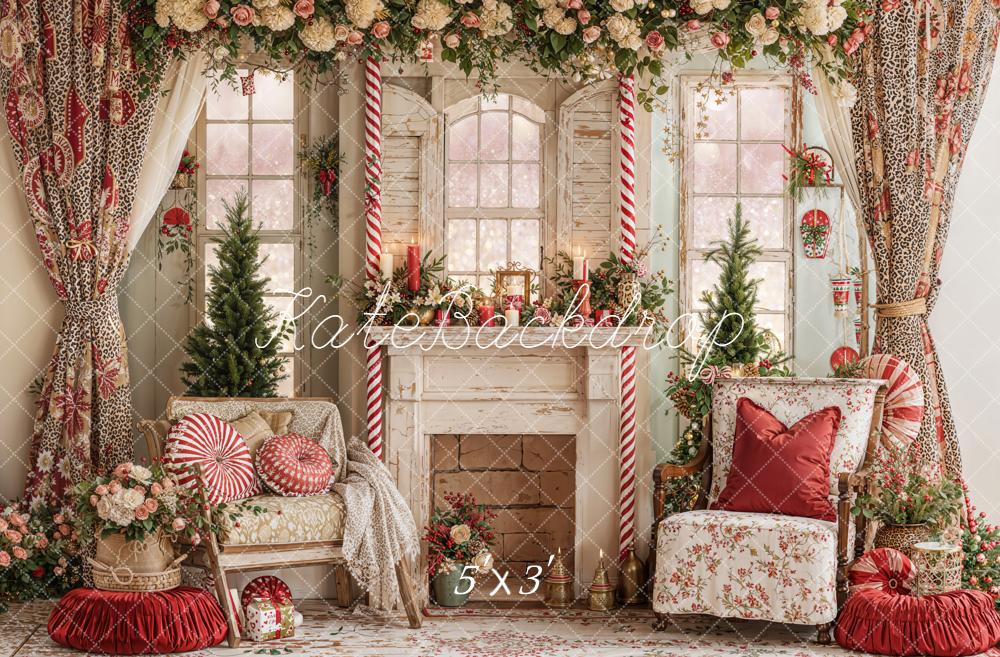Kate Valentines Floral Fireplace Candy Cane Windows Leopard Backdrop Designed by Emetselch