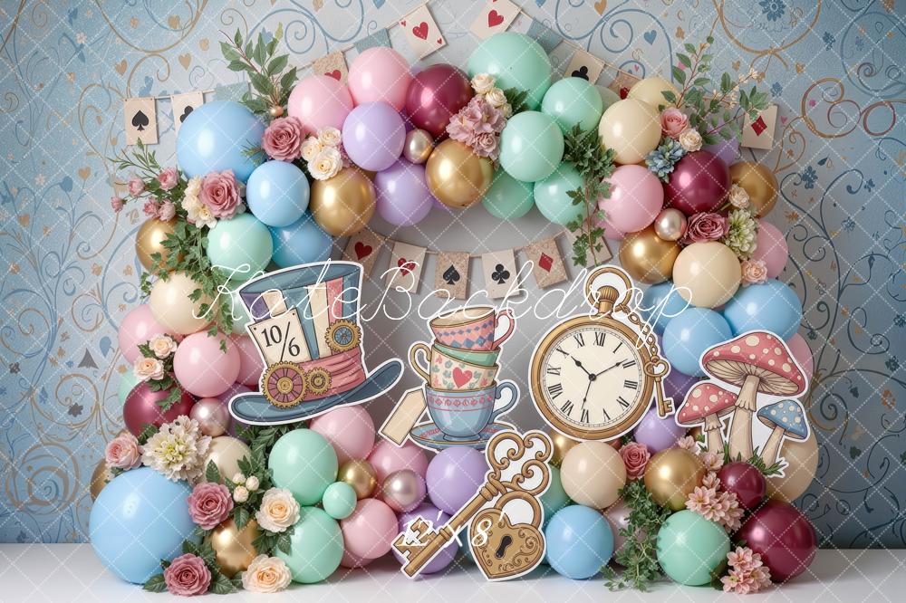 Kate Cake Smash Fantasy Wonderland Tea Party Balloons Flowers Playing Cards Printed Backdrop Designed by Mini MakeBelieve