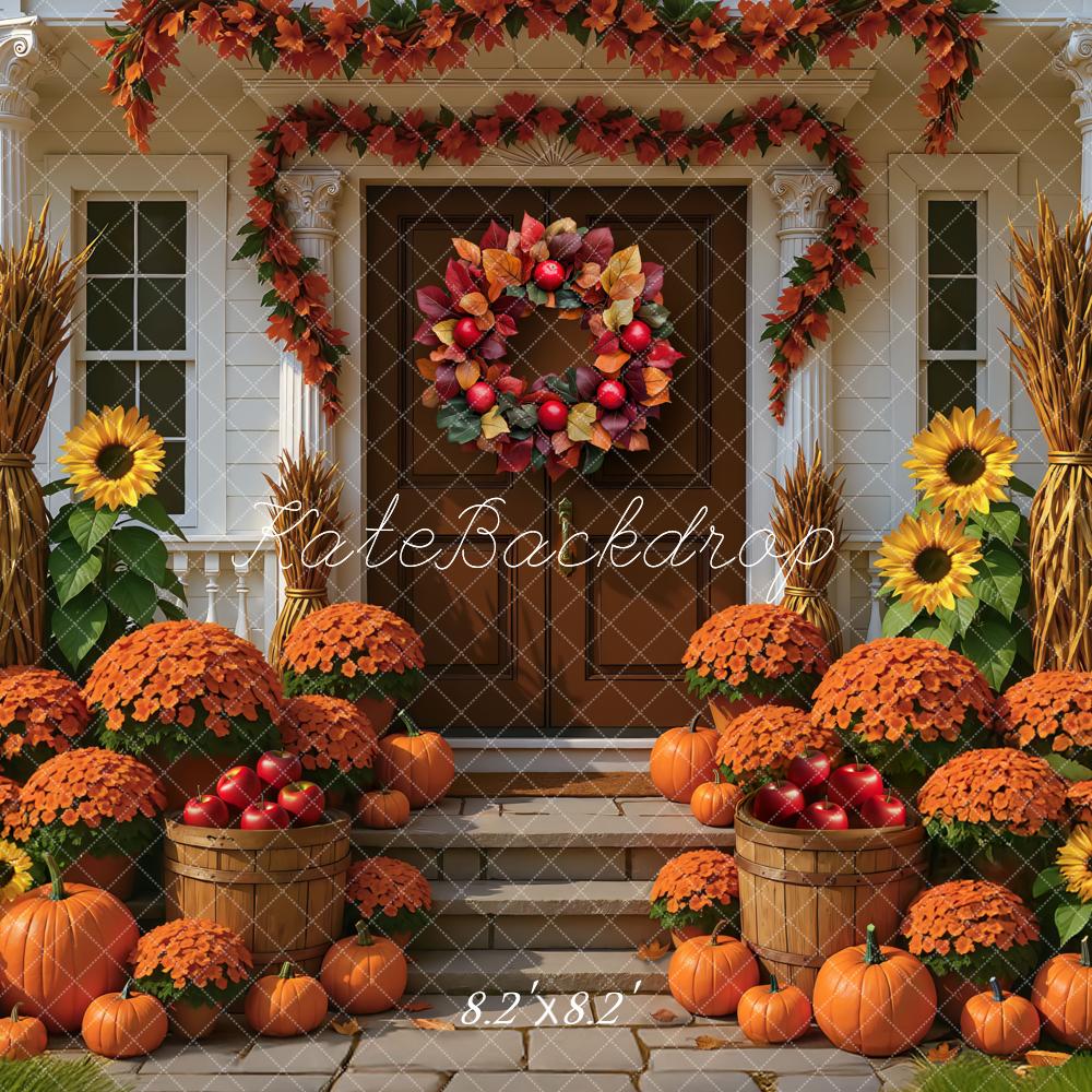 Kate Fall Sunflowers Pumpkins Front Porch Wreath Backdrop Designed by Mini MakeBelieve