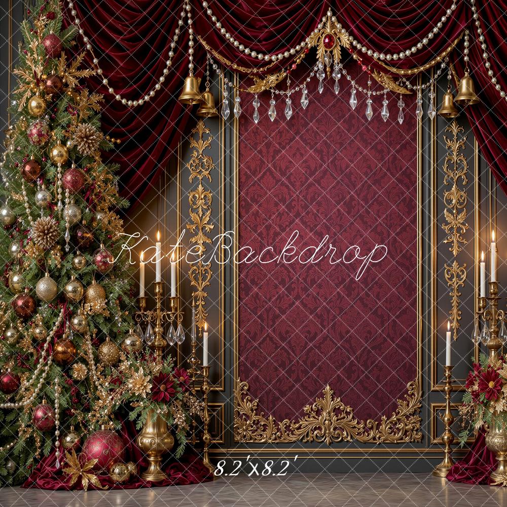 Kate Christmas Trees Ruby Burgundy Gold Drapes Vintage Wall Printed Backdrop Designed by Shutter Swan Studios