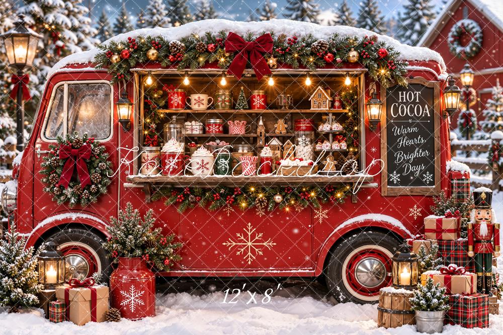 Kate Christmas Red Hot Cocoa Truck Snowy Gifts Nutcracker Printed Backdrop Designed by Emetselch