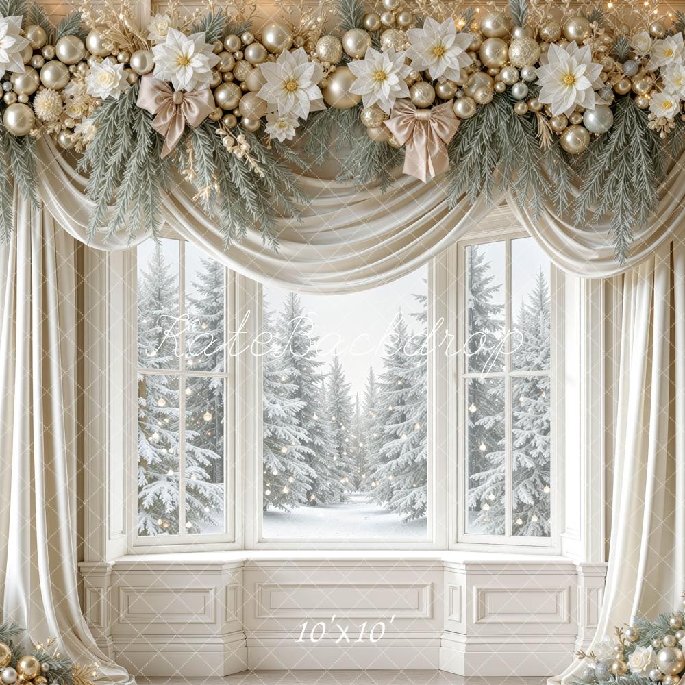 Kate Christmas Gold Floral Garland Drapes Window Snowy Printed Backdrop Designed by Mini MakeBelieve