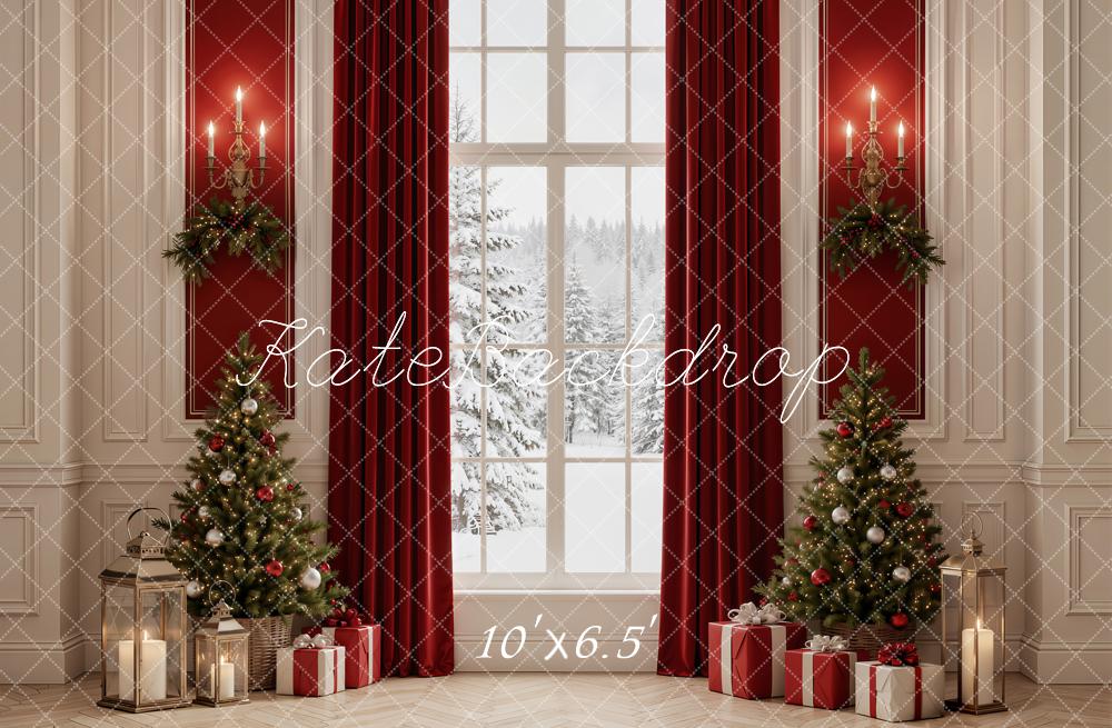 Kate Christmas Trees Red Curtains Snowy Window Printed Backdrop Designed by Emetselch
