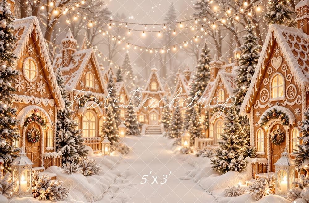 Kate Christmas Gingerbread Village Snowy Trees String Lights Printed Backdrop Designed by Emetselch