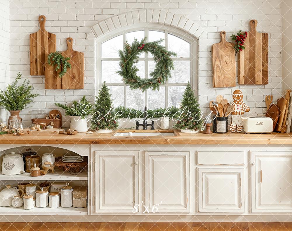 Kate Christmas Kitchen Cabinet Window Wreath Trees Wooden Cutting Boards Backdrop Designed by Emetselch