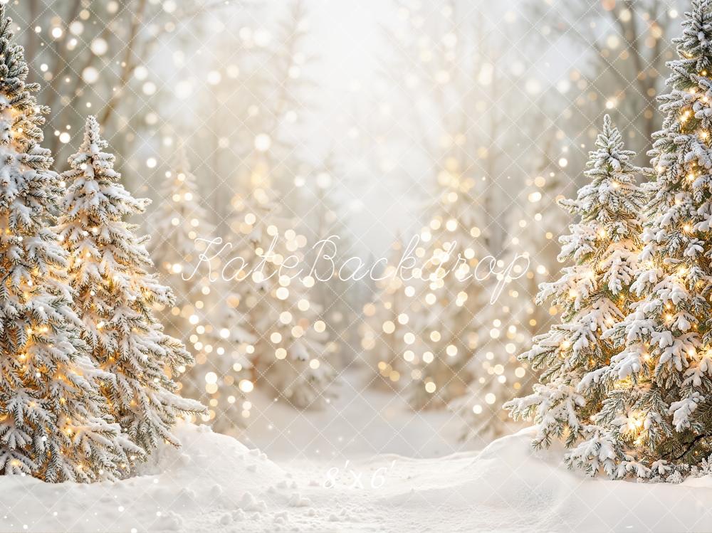 Kate Christmas Winter Snowy Pine Trees Bokeh Lights Backdrop Designed by Emetselch