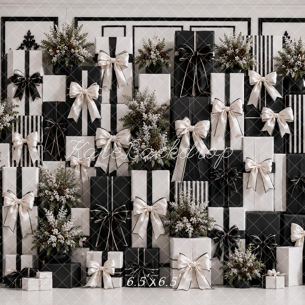 Kate Black White Gift Box Floral Wall Printed Backdrop Designed by Ashley Paul