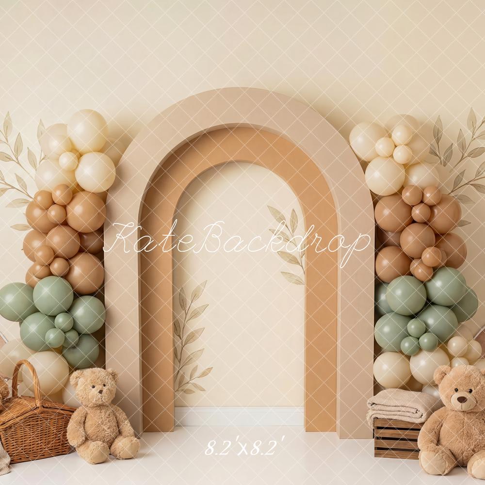 Kate Cake Smash Teddy Bear Balloon Arch Basket Beige Printed Backdrop Designed by Patty Roberts