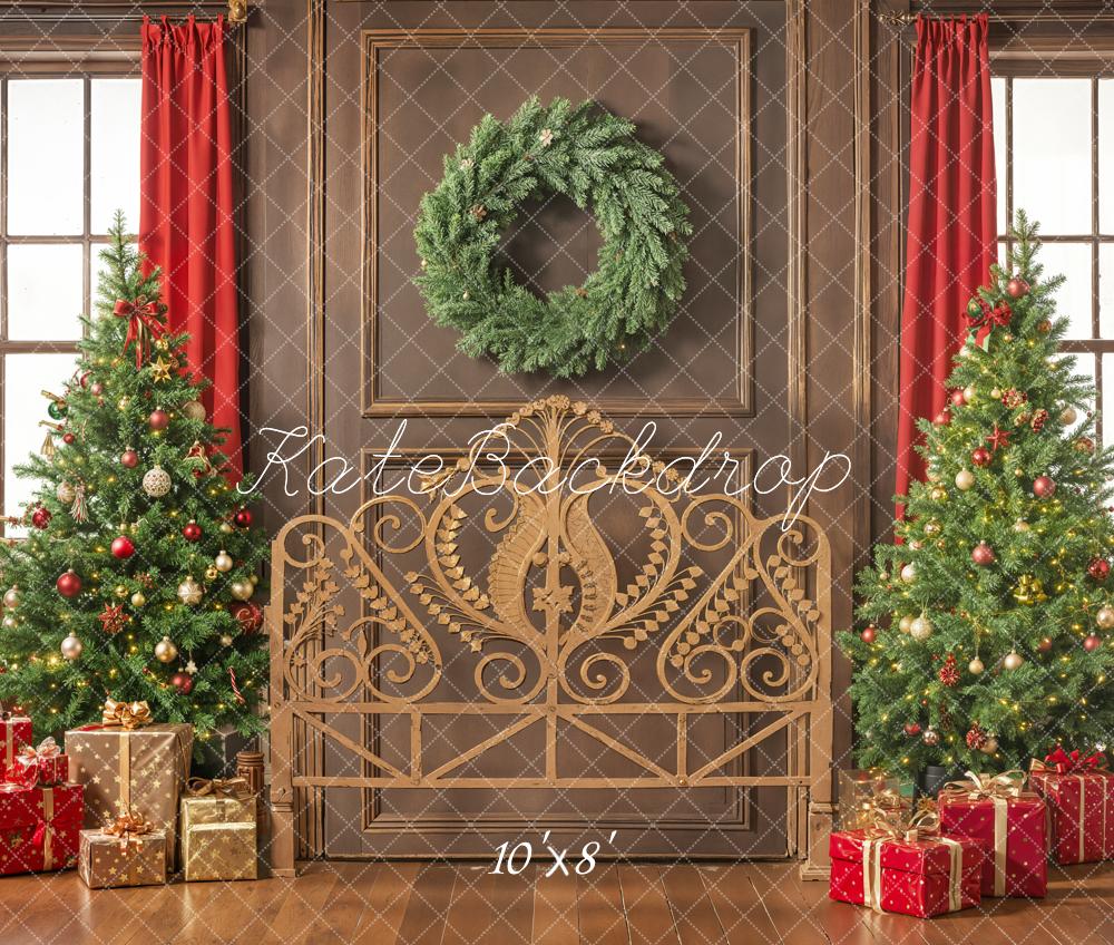 Kate Christmas Headboard Trees Wreath Gifts Red Curtains Printed Backdrop Designed by Emetselch