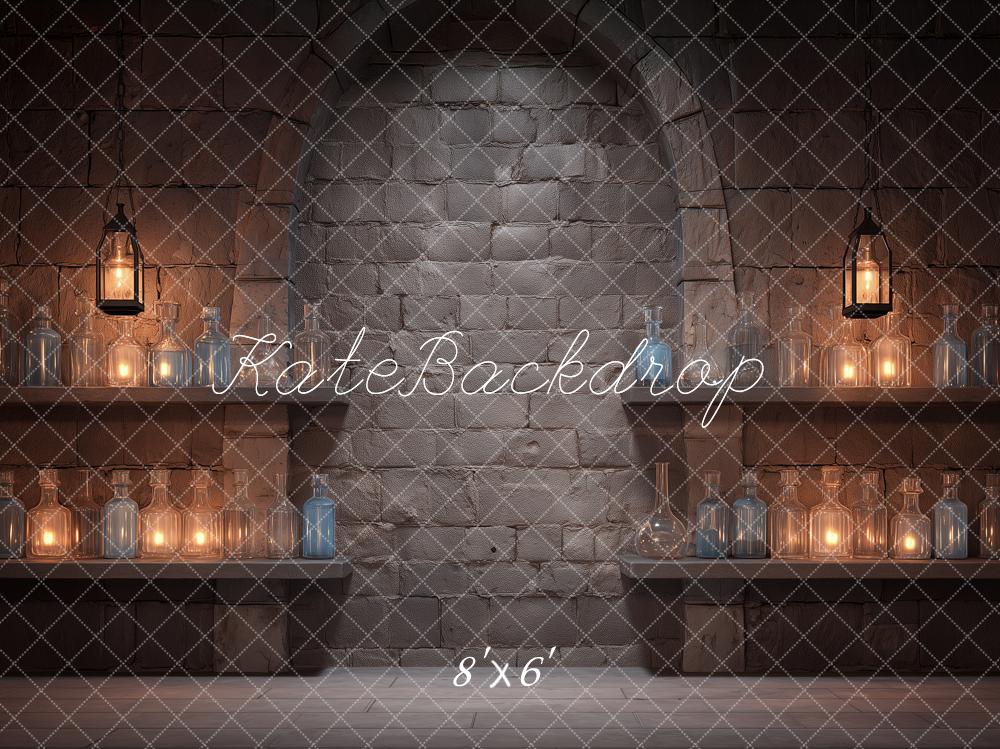 Kate Fantasy Magic Potion Stone Wall Arch Lanterns Bottles Shelves Printed Backdrop Designed by Angela Miller
