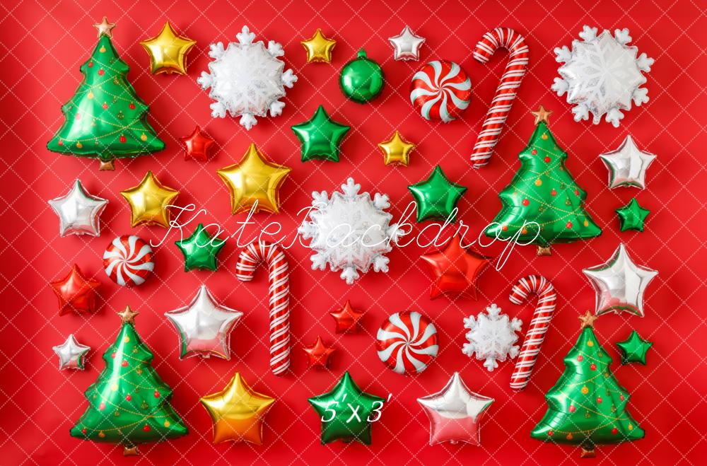 Kate Christmas Balloons Tree Candy Cane Star Snowflake Red Printed Backdrop Printed Backdrop Designed by Patty Roberts