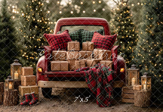 Kate Christmas Red Truck Gifts Pine Trees Red Plaid Lanterns Printed Backdrop Designed by Emetselch