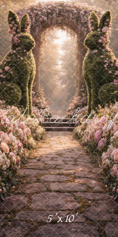 Kate Sweep Flower Arch Bunny Topiary Cobblestone Path Printed Backdrop Designed by Vertigo Productions