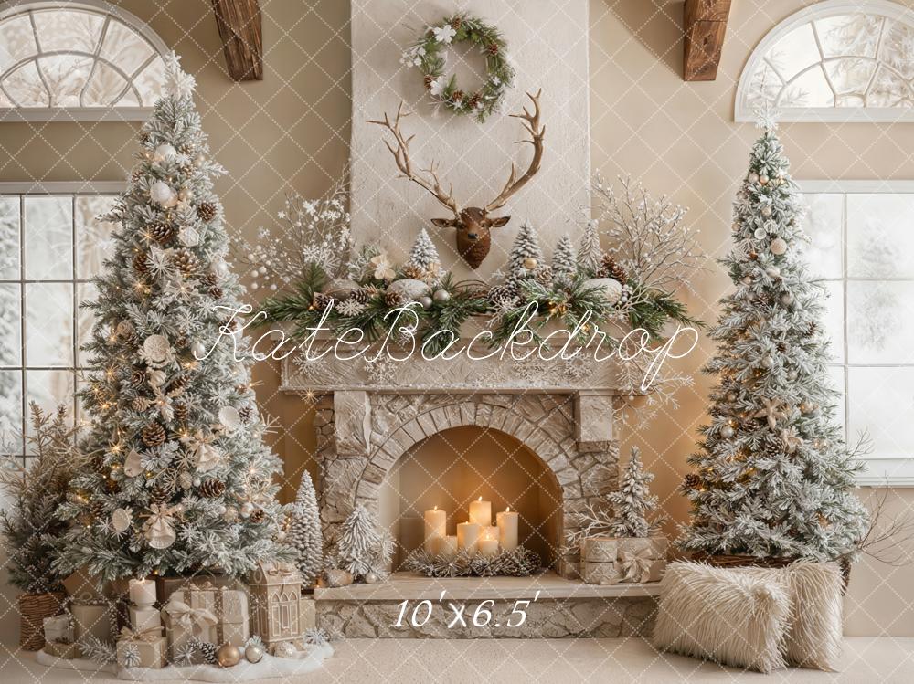 Kate Christmas Rustic Fireplace Antlers Snowy Trees Candles Backdrop Designed by Emetselch