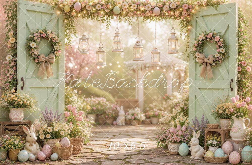 Kate Easter Spring Mint Green Door Floral Bunny Garden Printed Backdrop Designed by Emetselch