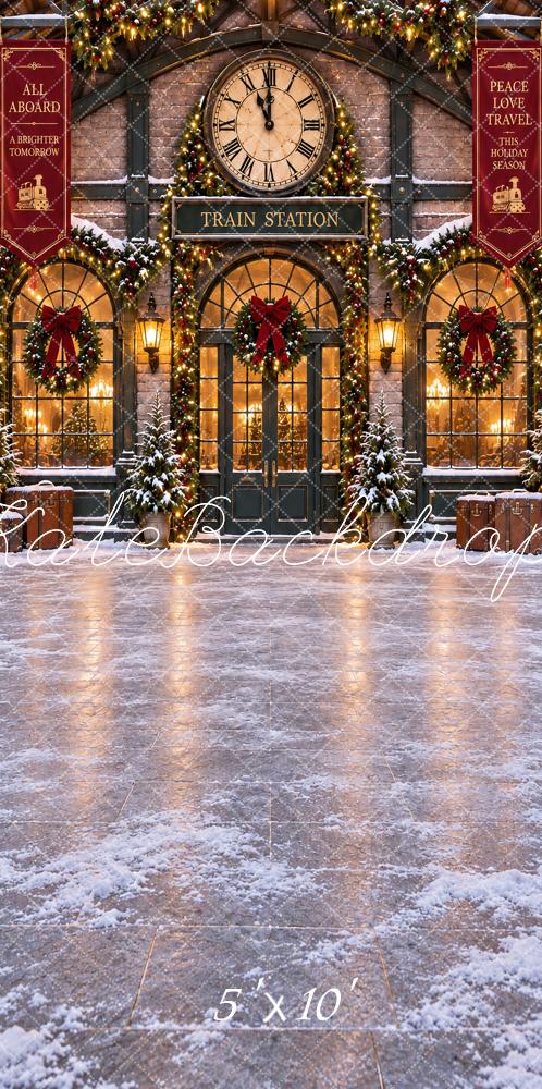 Kate Sweep Christmas Train Station Clock Floor Printed Backdrop Designed by Vertigo Productions
