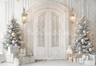 Kate Christmas White Door Frosted Trees Presents Lanterns Printed Backdrop Designed by Emetselch
