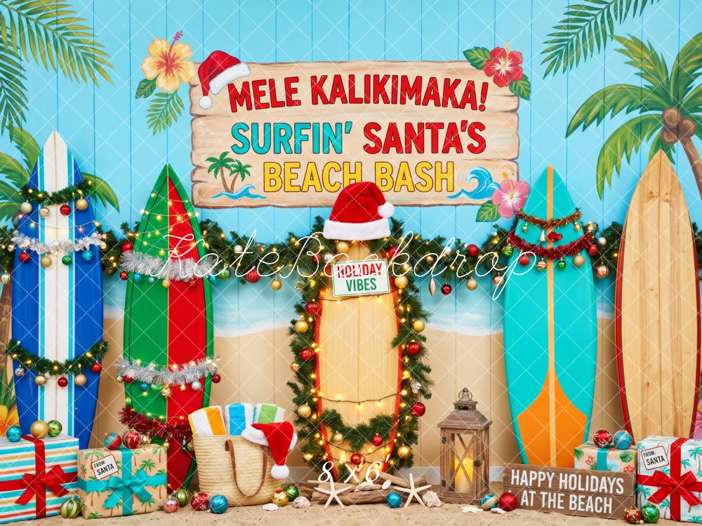 Kate Christmas Surfboards Surfing Santa’s Beach Bash Garland Printed Backdrop Designed by Patty Roberts