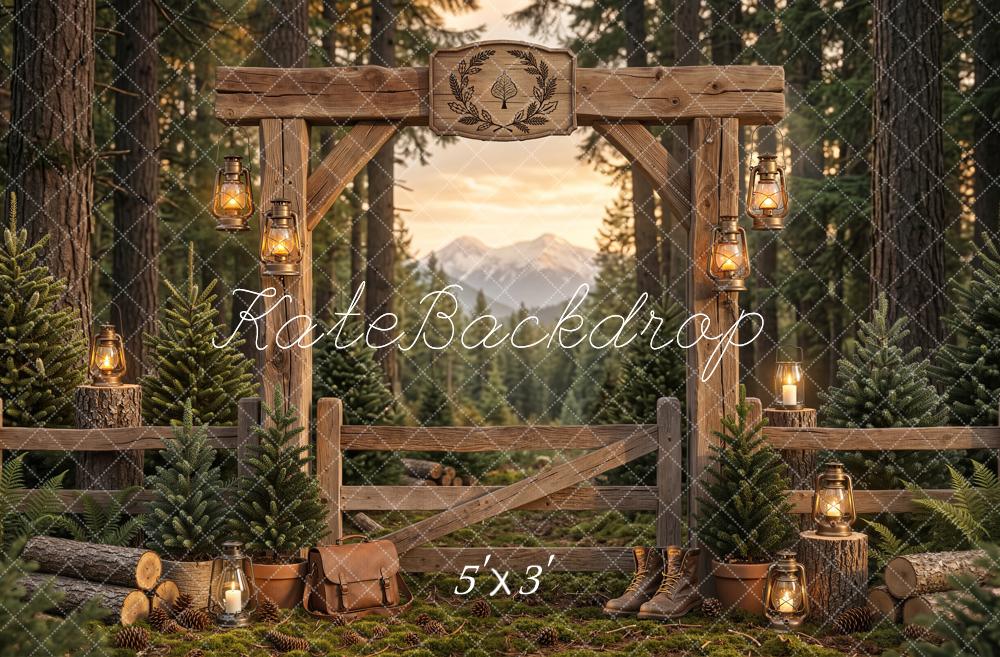 Kate Hiking Forest Wooden Arch Pine Trees Lanterns Printed Backdrop Designed by Emetselch