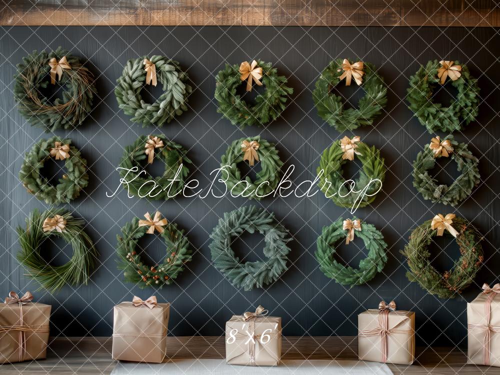 Kate Christmas Wreaths Gift Boxes Dark Wall Backdrop Designed by Patty Roberts