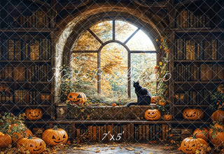 Halloween Bibliotheek Pompoen Lantaarns Raam Foto Achtergrond Designed by Emetselch