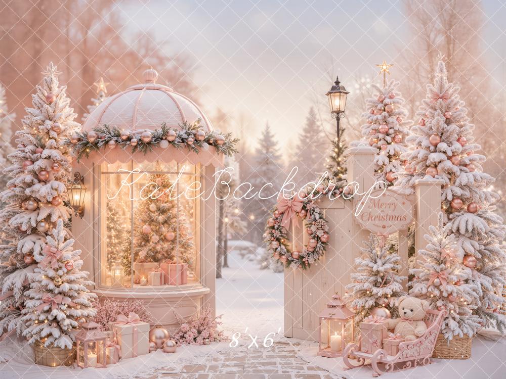 Kate Christmas Pink Gazebo Snowy Christmas Trees Gifts Sleigh Printed Backdrop Designed by Emetselch