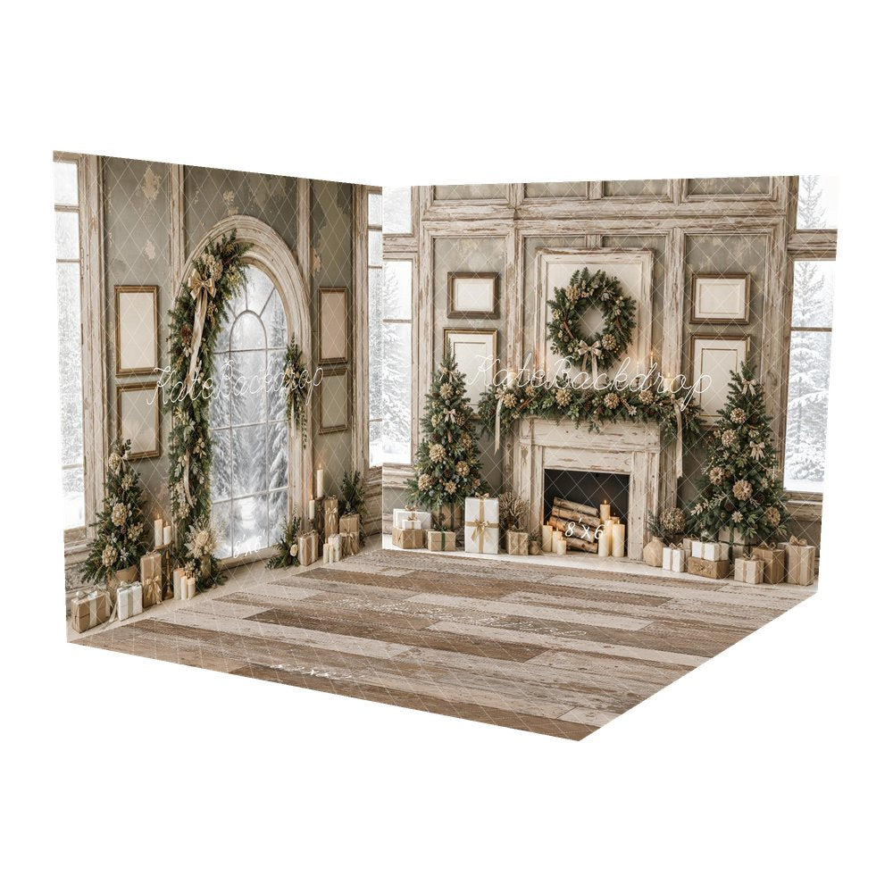 Kate Christmas Vintage Fireplace Wreath Trees Gifts Arched Window Printed Backdrop Room Set
