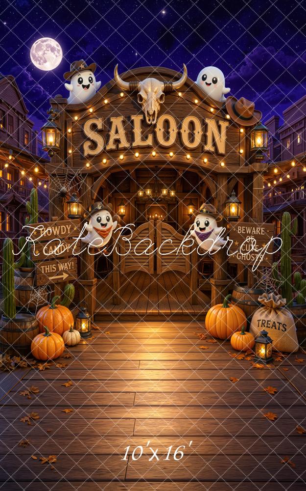 Kate Halloween Trunk or Treat Western Saloon Ghosts Pumpkins Skull Printed Backdrop Designed by Mini MakeBelieve
