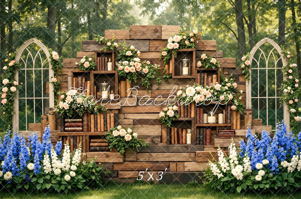 Kate Rustic Bookshelf Flower Arch Garden Printed Backdrop Designed by Mini MakeBelieve